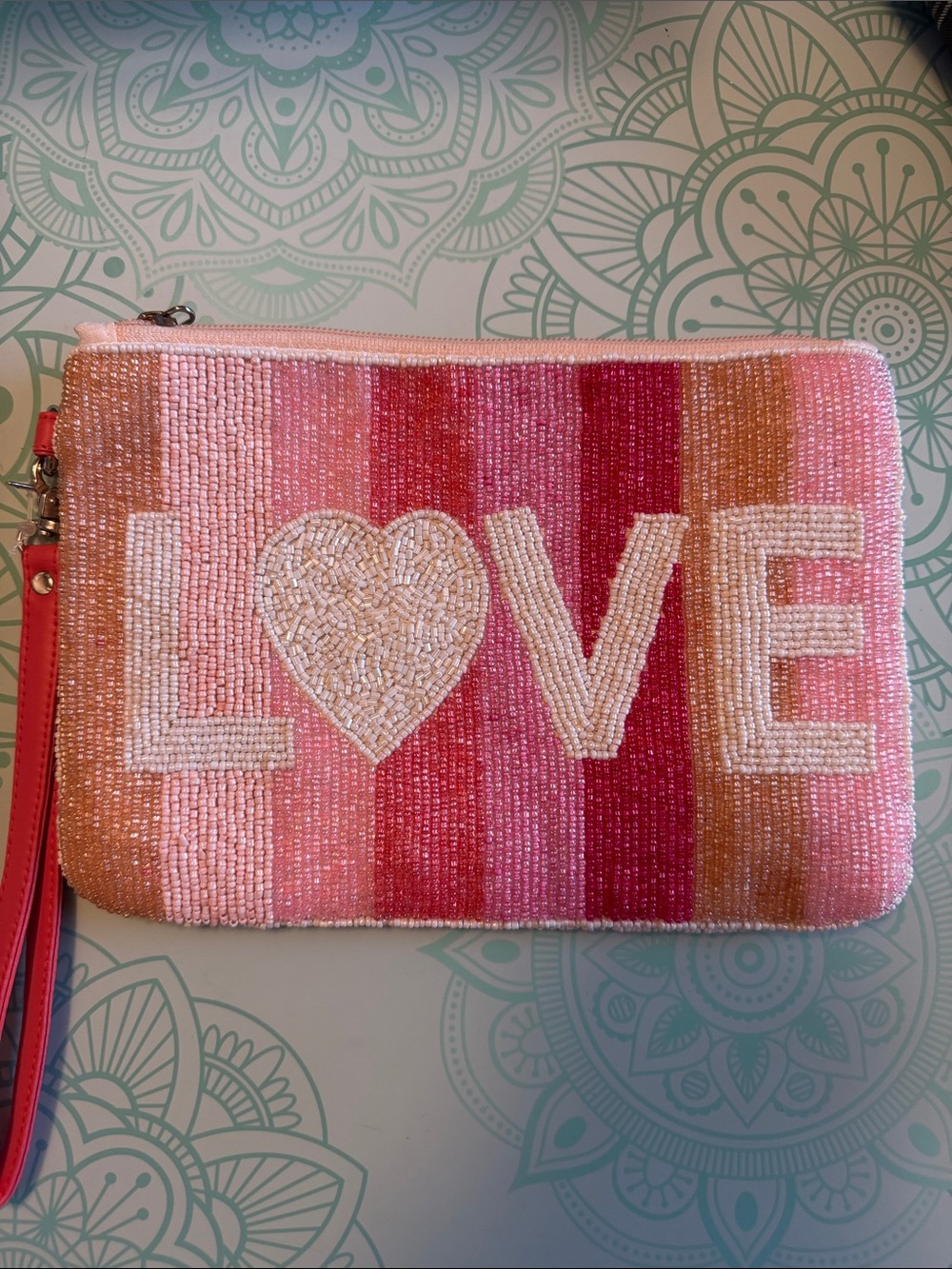 LOVE Beaded Wristlet Clutch in Pink Stripes